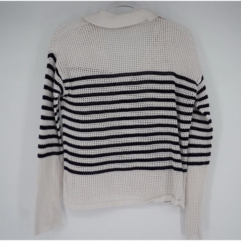 GAP Womens Sweater Relaxed Stripe White and Blue Crochet Collared Nautical M